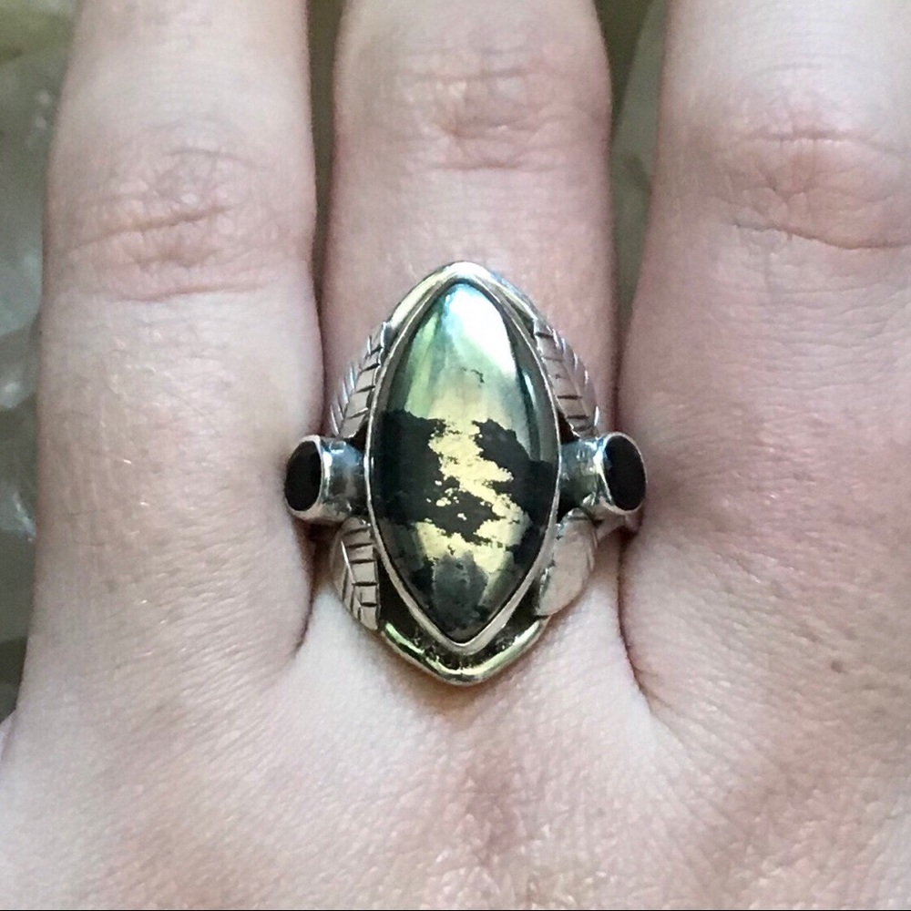 Pyrite in Magnetite and black onyx silver ring